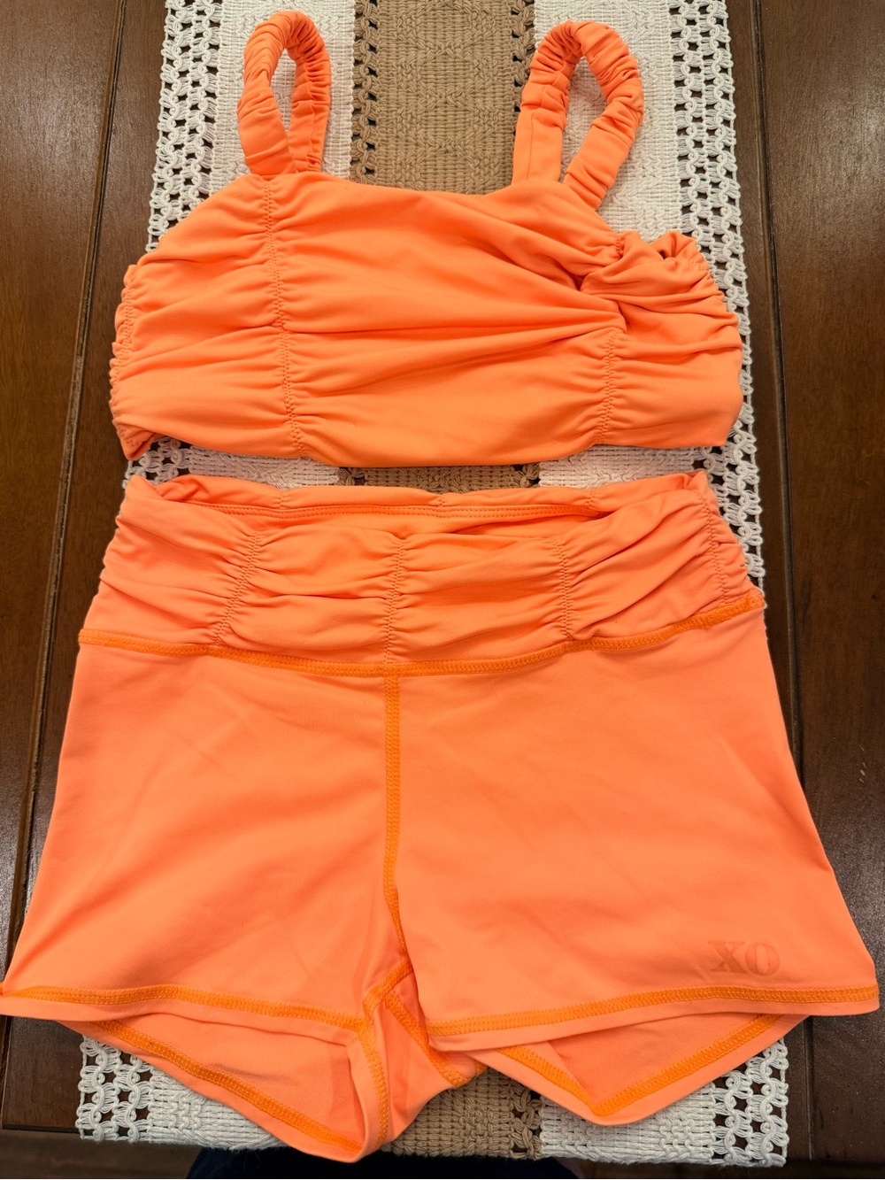XO Dance Ruched Orange Crop Tank Top and Short Set- Women's Activewear